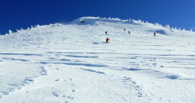 Skiers enjoying a pristine snow-covered mountain slope under a bright blue sky. This image is perfect for promoting winter sports, outdoor activities, travel destinations, and adventure tours. It captures the excitement and thrill of skiing on a clear, sunny day.