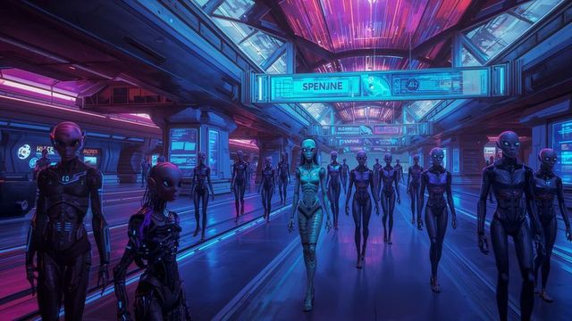 Futuristic Humanoid Androids Walking in Neon-Lit Corridor