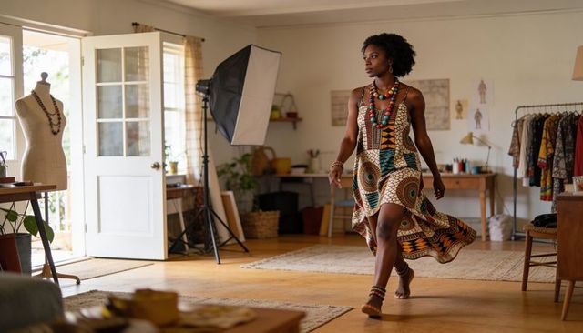 Walking through sunlit fashion studio wearing bold geometric print dress and layered beads