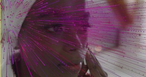 Adult woman touching mouth with magenta data visualization overlay, intimate tech portrait