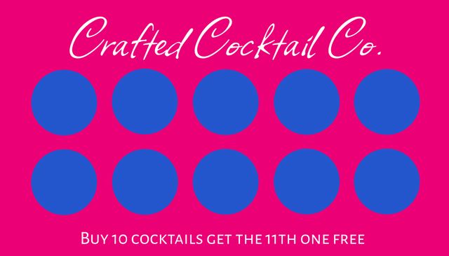 Colorful and vibrant loyalty card for Crafted Cocktail Co. Ideal for promoting customer incentive programs and drink rewards. Bold purple circles contrast with a bright pink background, offering a lively and exciting vibe perfect for bars and cocktail lounges. Useful for printing evolving branding and marketing campaigns.