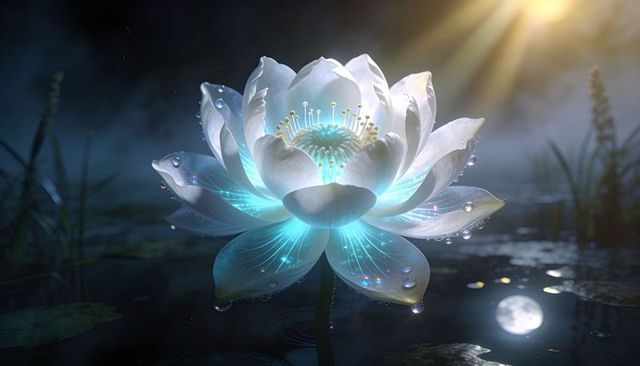 Bioluminescent White Lotus Floating on Moonlit Pond with Dewdrops and Glowing Stamens