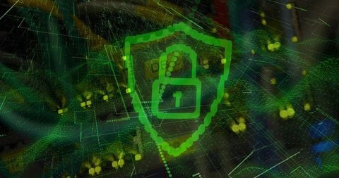 Green Security Shield with Lock Icon Overlaying Computer Server