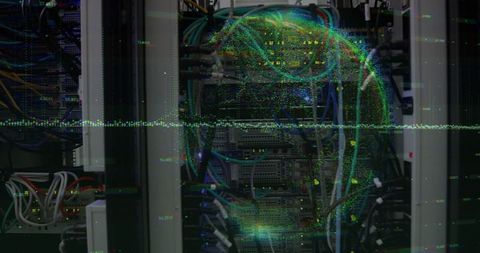 Futuristic digital sphere projecting over server racks