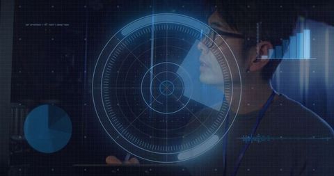 Male data analyst with interactive digital interface in modern lab