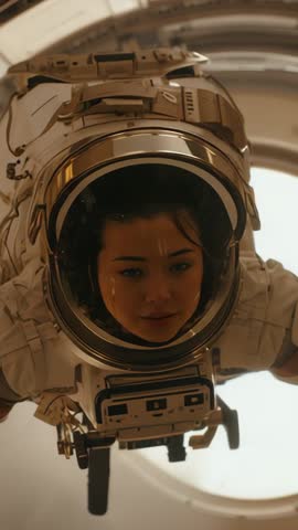 Vertical cinematic clip of astronaut drifting through airlock scanning hull in microgravity