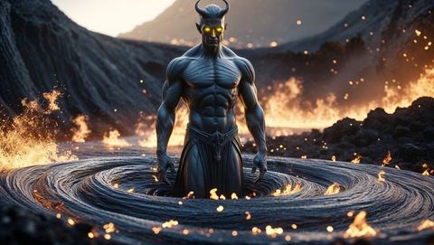 Horned lucifer rising from molten lava with fiery surrounding