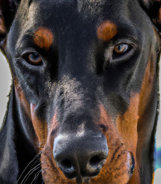 Close-up of a Doberman Pinscher's face, showcasing its intense gaze and sharp features. The black and tan coloration highlights the breed's distinctive markings. Ideal for use in pet care promotions, dog training advertisements, or articles about dog breeds and behavior.