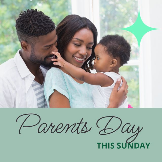 Ideal for promoting Parents Day events or greeting cards, this image features a joyful African American family with a smiling father, mother, and baby. Perfect for highlighting family bonds, celebrations, and special moments in social media posts and advertisements.