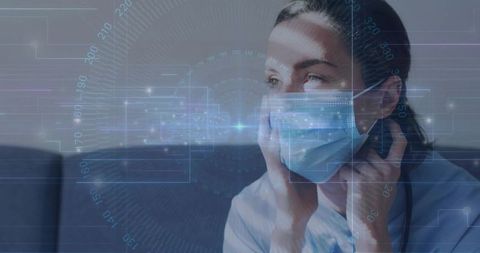 Nurse adjusting mask with high-tech overlay background