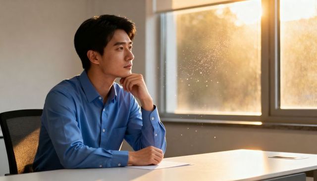 Thoughtful young professional gazing through sunlit office window reflecting on work in golden hour