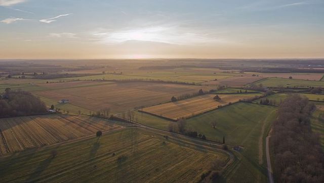 Aerial farmland patchwork glowing at golden hour with hedgerows, farmhouse and treebelts