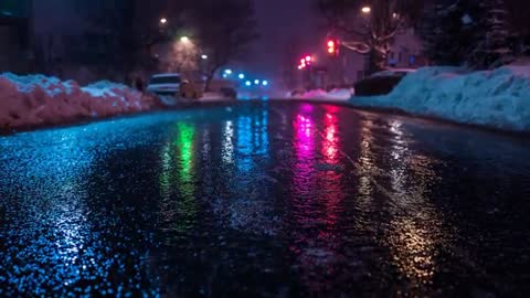Neon traffic light reflections shimmering across icy wet street in quiet snowy night