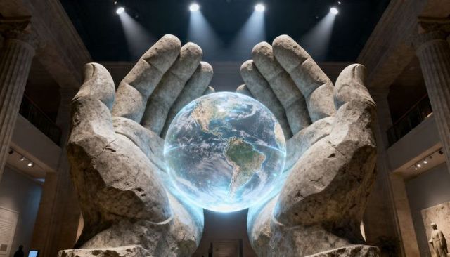 Monumental stone hands cradling glowing earth hologram in grand museum gallery