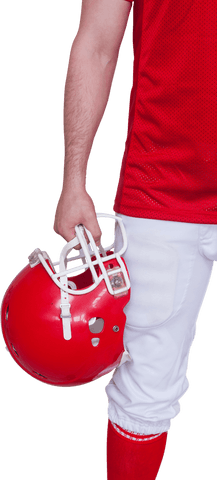 Transparent athlete holding red football helmet in action pose