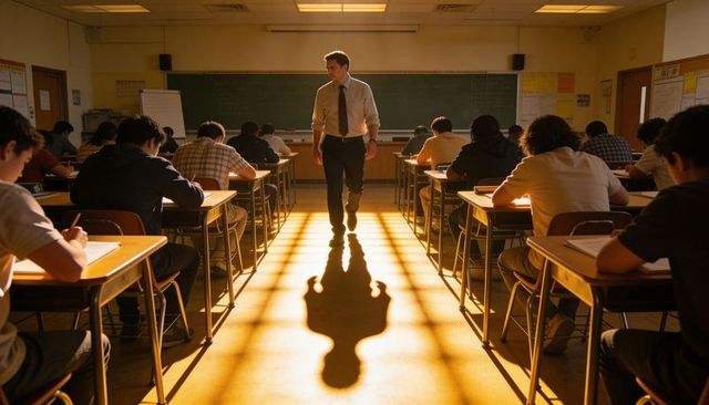 Teacher walking aisle monitoring high school exam as students writing under warm sunlight