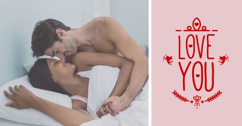 Romantic couple in bed with love you message banner