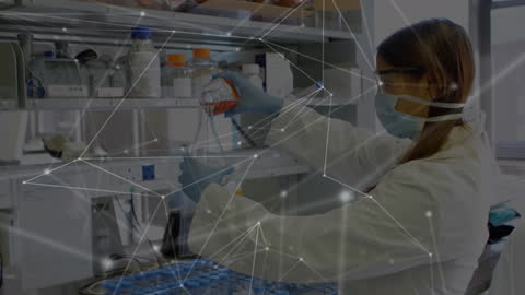 Female Scientist Conducting Laboratory Research with Digital Network Overlay