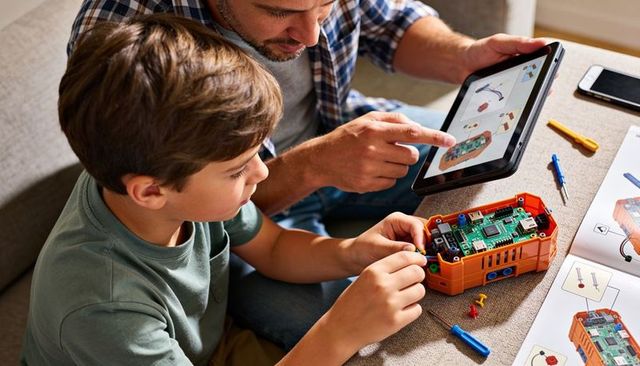 Father and son assembling electronic robotics kit with tablet guidance on couch stem diy