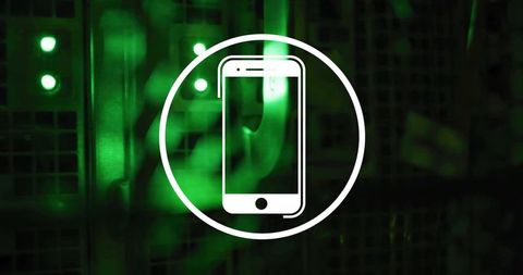 White Smartphone Icon Over Green Server Rack, Mobile Security Data Protection Concept