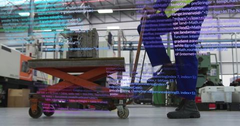Technician operating scissor lift in modern workshop with code overlay