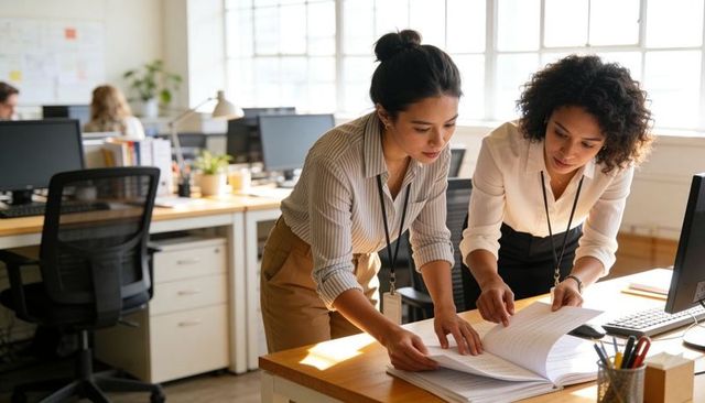 Female colleagues reviewing documents and collaborating at desk in bright open-plan office
