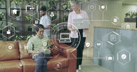 Innovative Workspace with Multi-Tasking Professionals and Holographic Technology