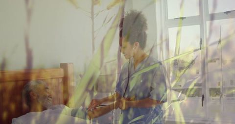 Nurse Providing Patient Care Double Exposure with Scenic Grass