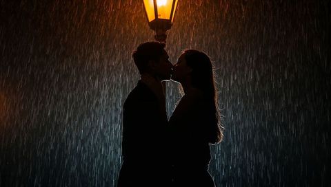 Intimate couple kissing in rainy night silhouette