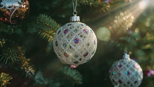Glittery Christmas Ornament with Bejeweled Design on Pine Branch