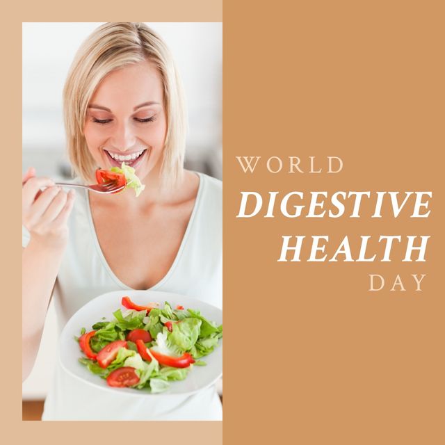 Digital composite image of smiling caucasian woman eating salad by world digestive health day text. healthy eating and lifestyle concept.