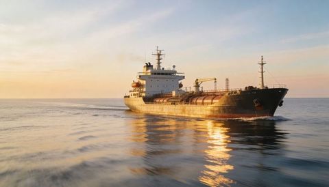 Oil tanker cruising at golden hour reflecting sunrise on calm ocean horizon