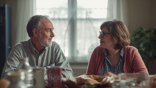 Senior couple smiling and talking over breakfast at cozy kitchen table with warm daylight