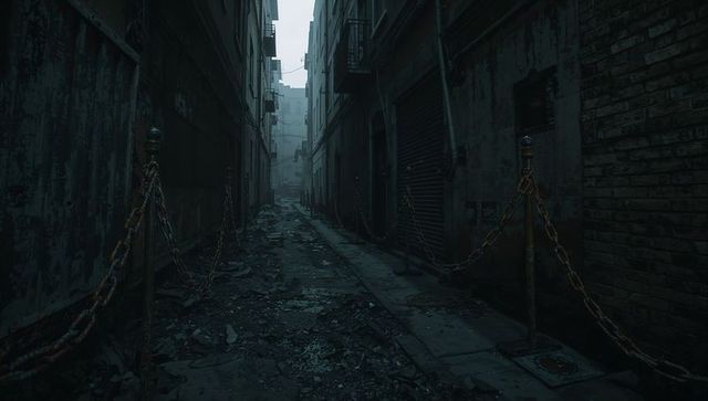 Foggy narrow urban alleyway with rusted chain posts, rubble and puddles, moody noir