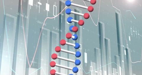 Dna strand overlaying data charts and scientific interface