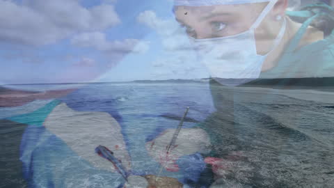 Overlay of Tranquil Sea with Focused Surgeon