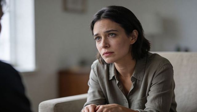 Young woman listening intently during counseling session showing empathy and vulnerability