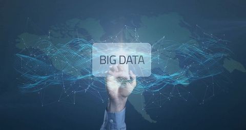 Business Hand Touching Big Data Interface with Digital Waveforms and Global Network Map