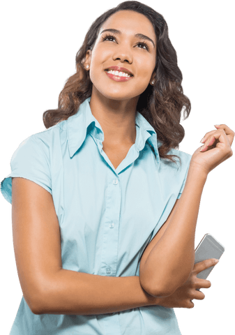 Transparent Smiling Woman Holding Smartphone Looking Up - Download Free Stock Videos Pikwizard.com