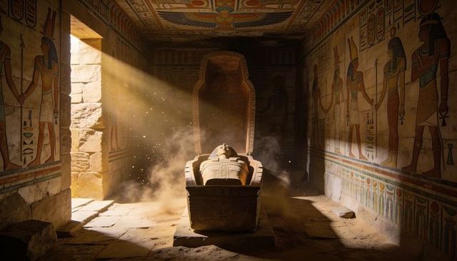 Sunlight piercing ancient egyptian sarcophagus with floating dust in painted burial chamber