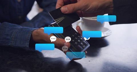 Contactless Card Payment on Cafe Counter with Chat Bubble Overlay and Modern POS Terminal