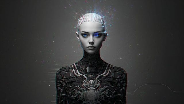 Futuristic AI Robot with Glowing Eyes in a Digital Lab