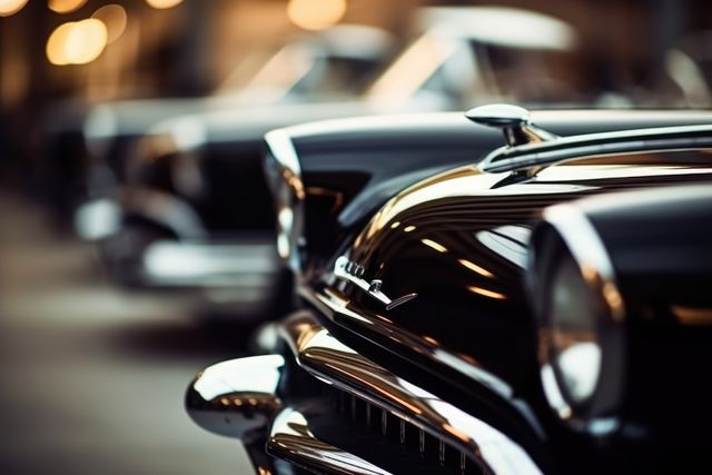 Vintage cars lined up, showcasing shiny chrome details and classic design. Collectors and enthusiasts appreciate the craftsmanship and history of these automobiles.
