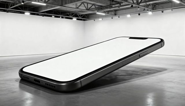 Giant smartphone installation floating in minimal industrial gallery with blank screen