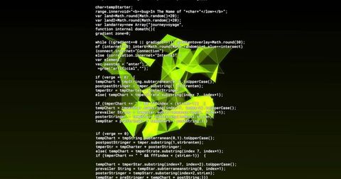 Neon-green low poly triangular mesh overlaying javascript editor with futuristic cyber glow