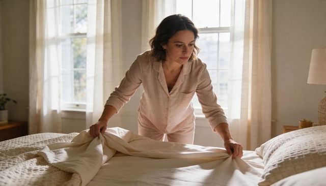 Woman making bed in morning light wearing pajamas straightening duvet and sheets