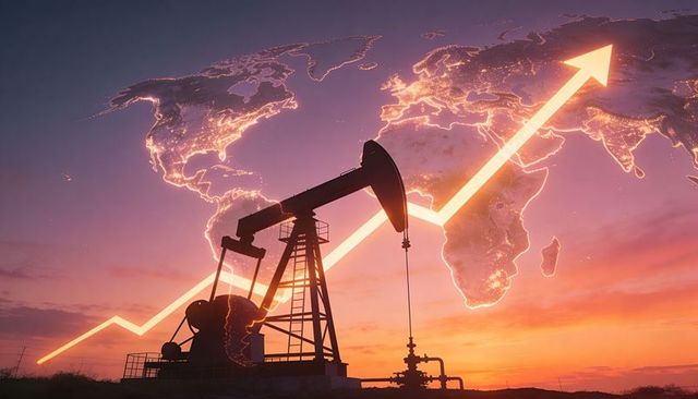 Oil pumpjack silhouette with rising global growth arrow over world map at sunset
