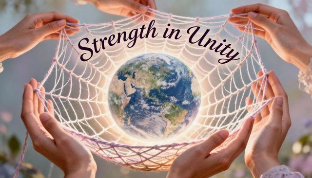 Hands cradling earth in woven net with strength in unity text, global unity campaign