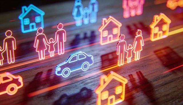 Neon hologram family, car and home icons projecting over wood tabletop for insurance tech