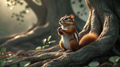 Charming chipmunk squirrel with acorn on forest ground